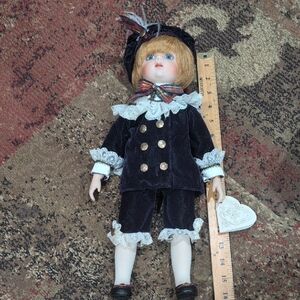 Vintage Porcelain Doll in Navy Velvet Outfit